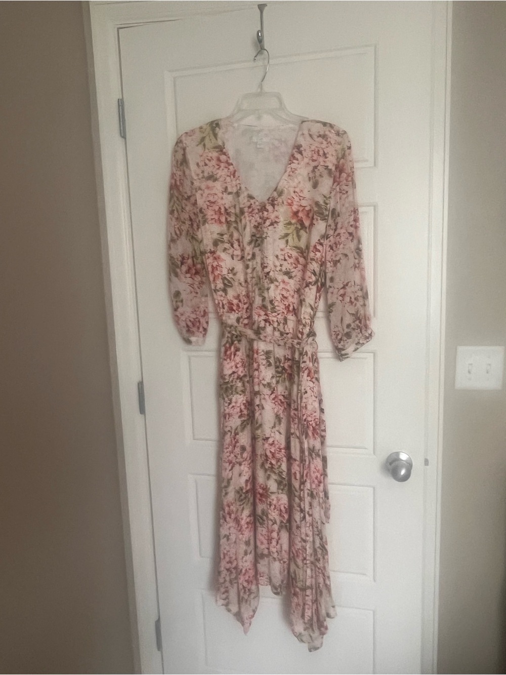 J. Jill Pink Floral High-Low V-Neck Dress with Waist Tie